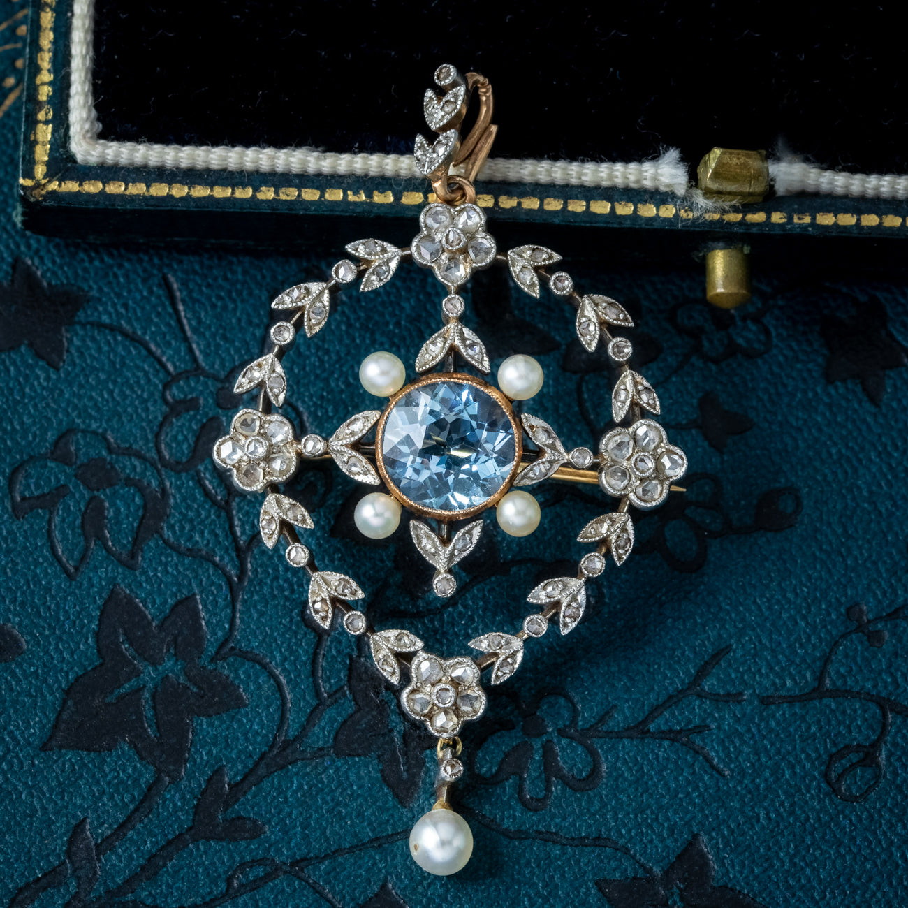 Antique Victorian Floral Aquamarine Diamond Pearl Pendant Brooch Secondary image