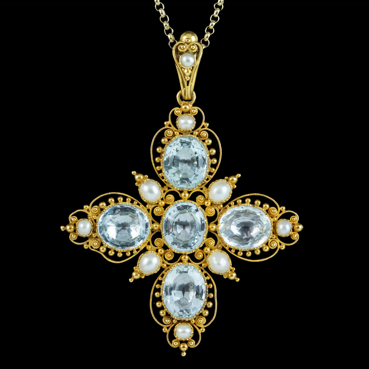 Antique Victorian Aquamarine Pearl Pendant Necklace 7.8ct Aquamarine