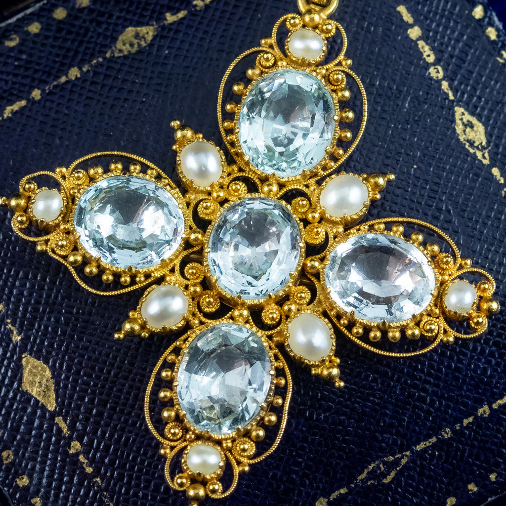 Antique Georgian Aquamarine Pearl Pendant Necklace 7.8ct Aquamarine