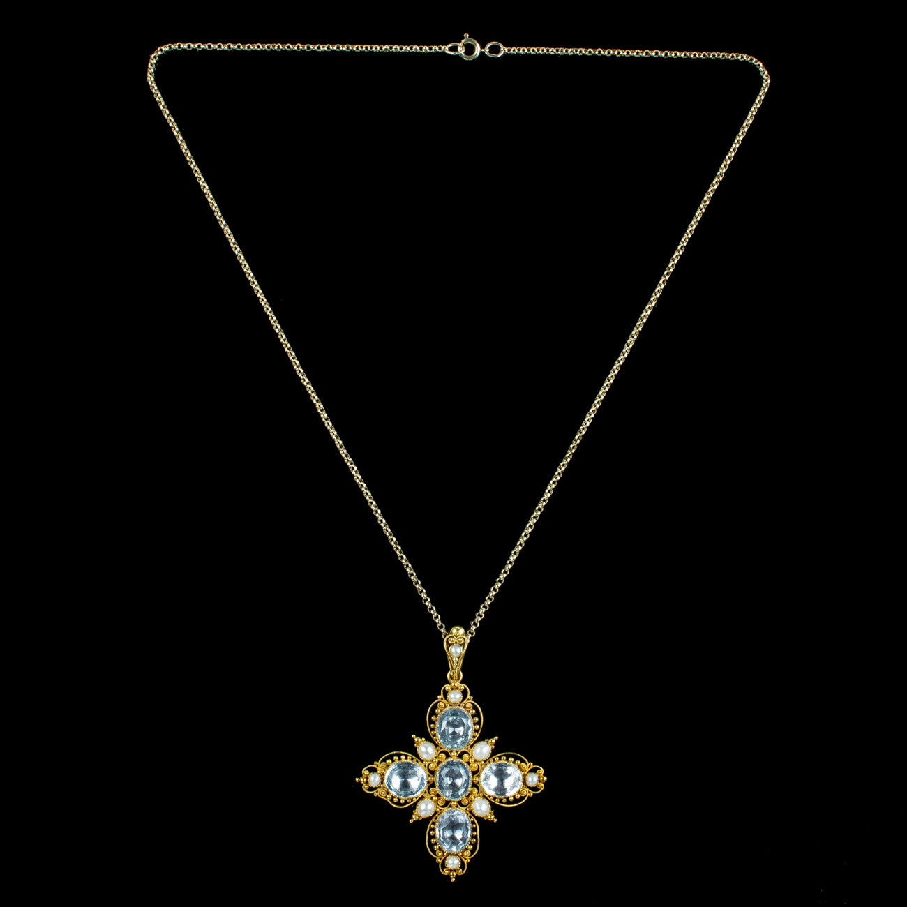 Antique Victorian Aquamarine Pearl Pendant Necklace 7.8ct Aquamarine