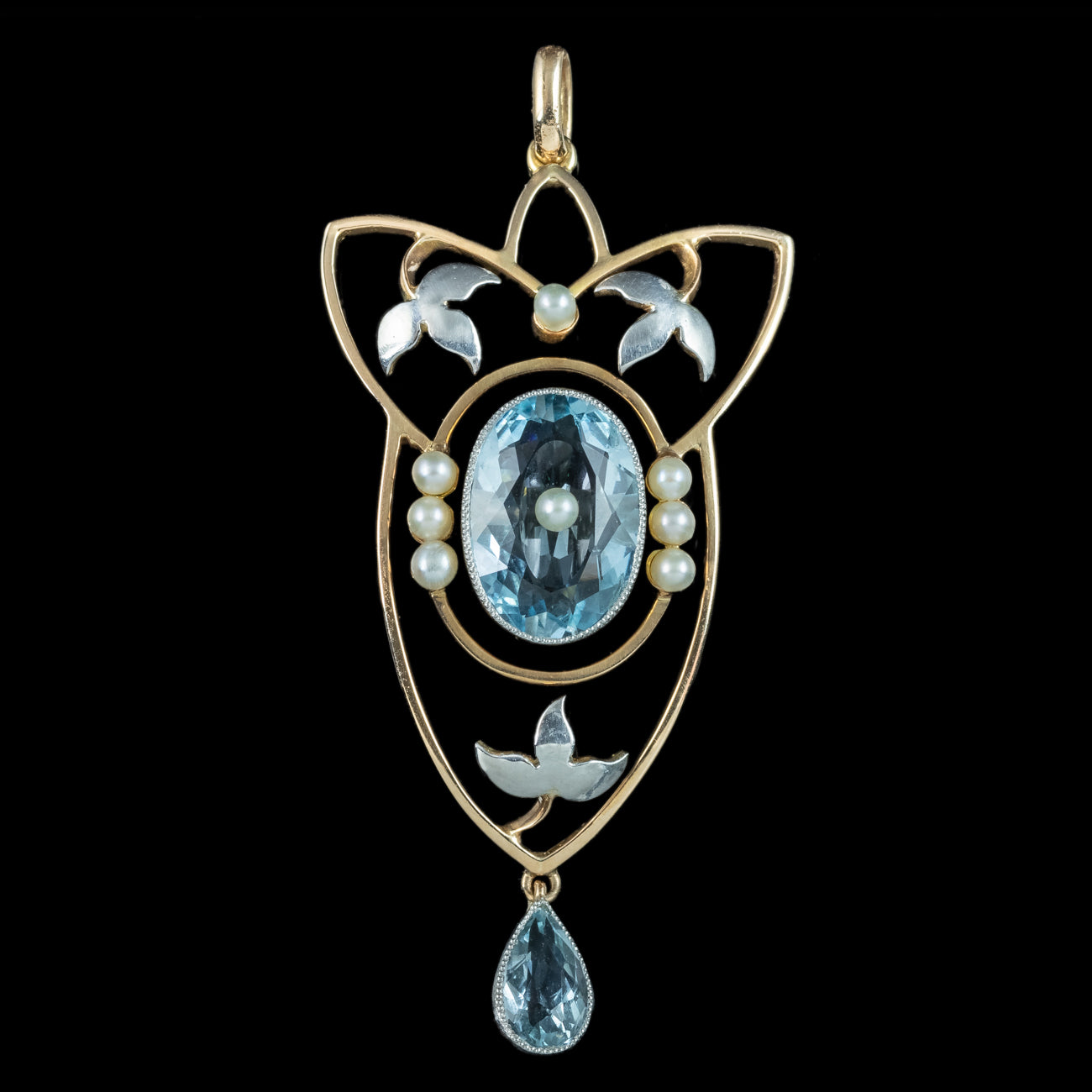 Antique Victorian Art Nouveau Aquamarine Pearl Pendant Platinum 15ct Gold 
