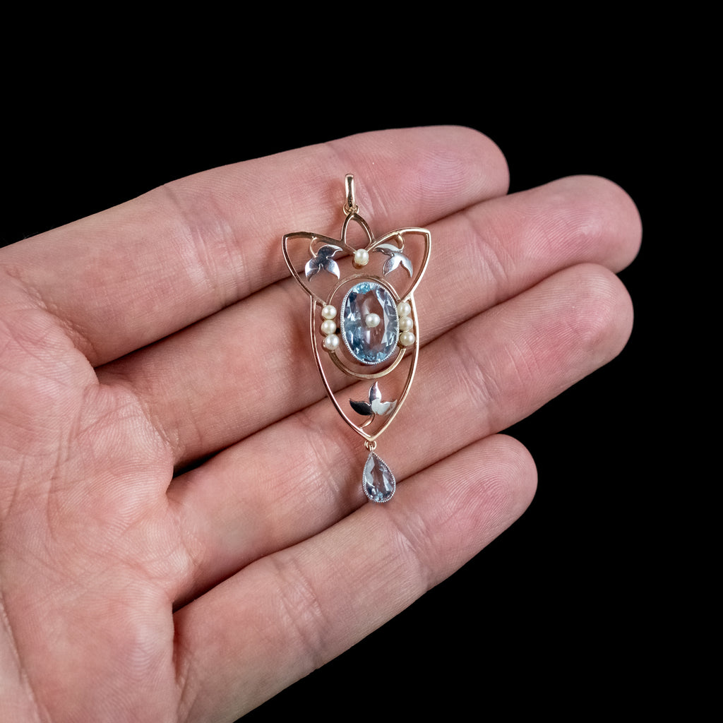 Antique Victorian Art Nouveau Aquamarine Pearl Pendant Platinum 15ct Gold 