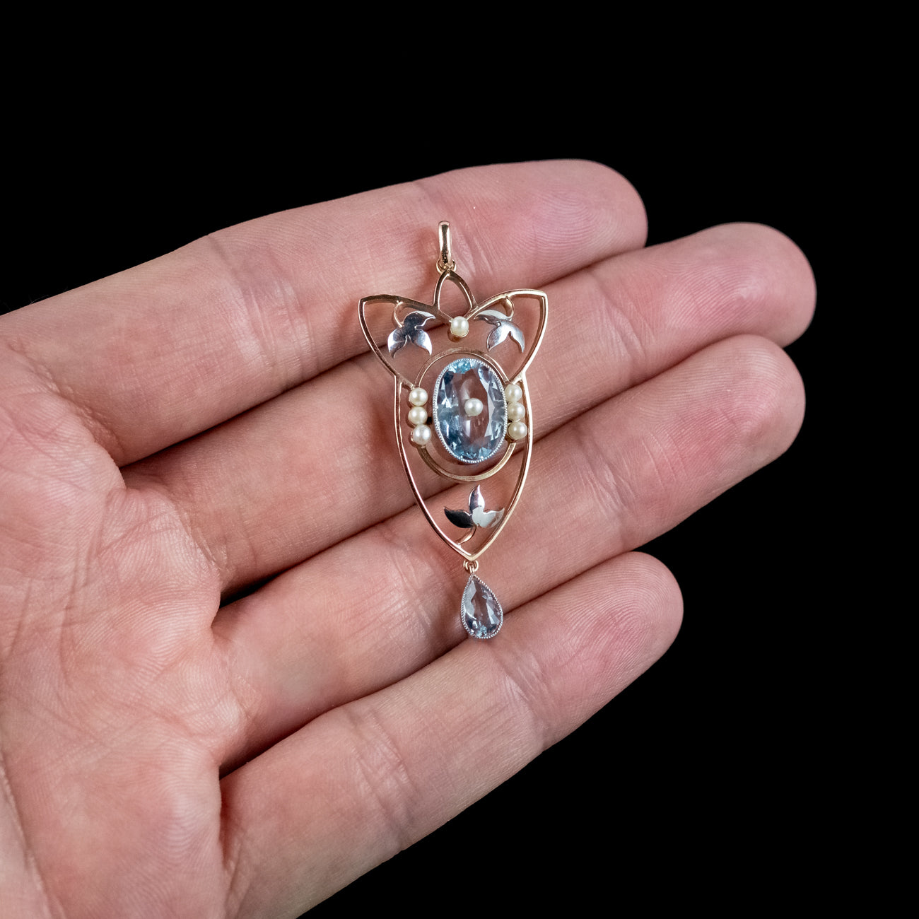 Antique Victorian Art Nouveau Aquamarine Pearl Pendant Platinum 15ct Gold 