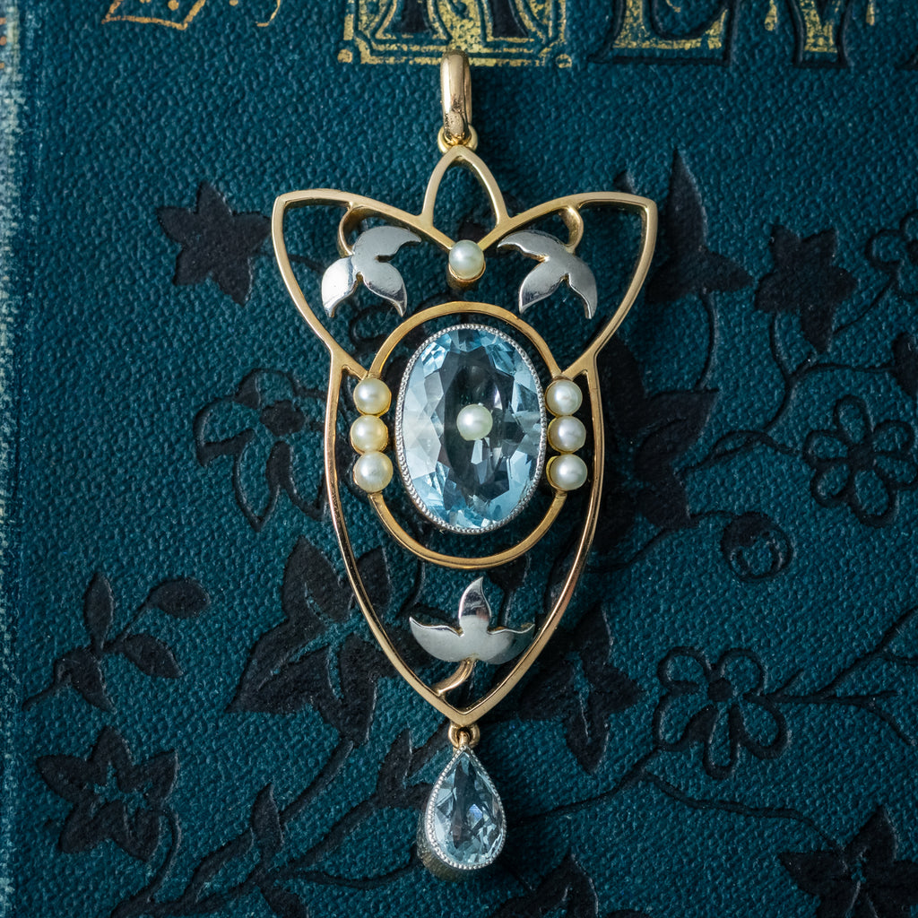 Antique Victorian Art Nouveau Aquamarine Pearl Pendant Platinum 15ct Gold 