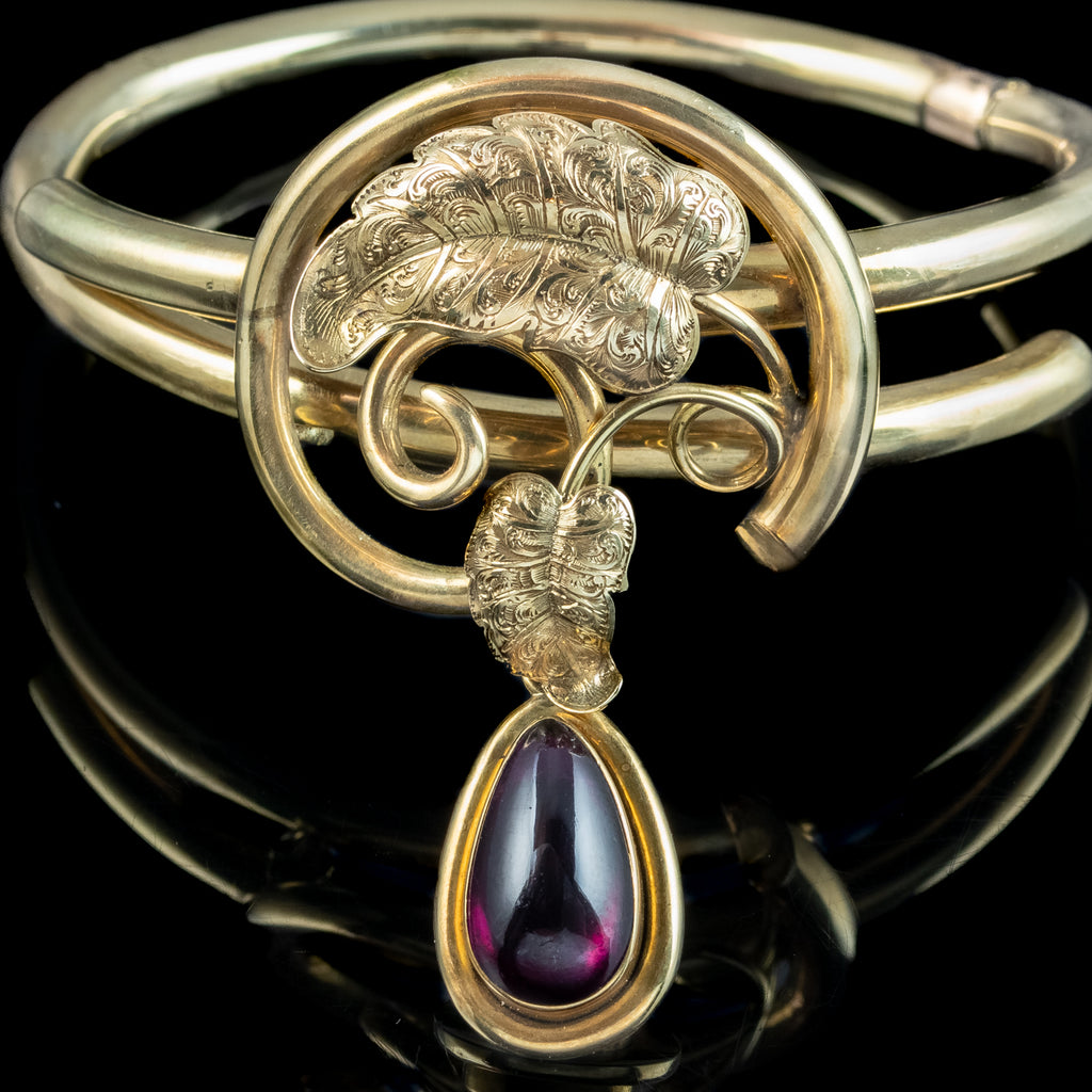 Antique Victorian Bangle 18ct Gold With Garnet Locket Dropper