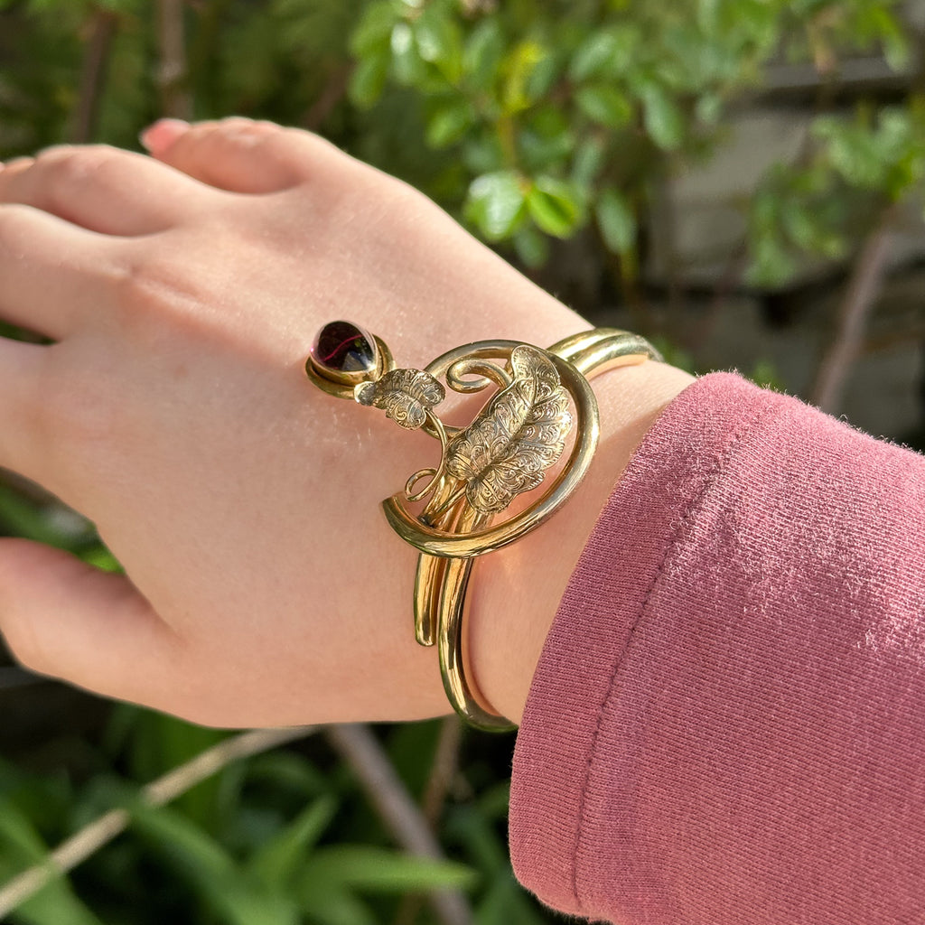 Antique Victorian Bangle 18ct Gold With Garnet Locket Dropper