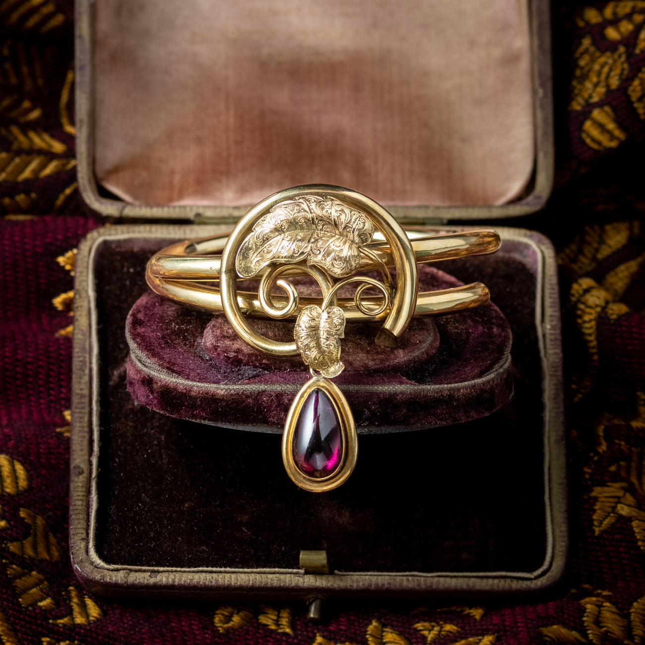 Antique Victorian Bangle 18ct Gold With Garnet Locket Dropper