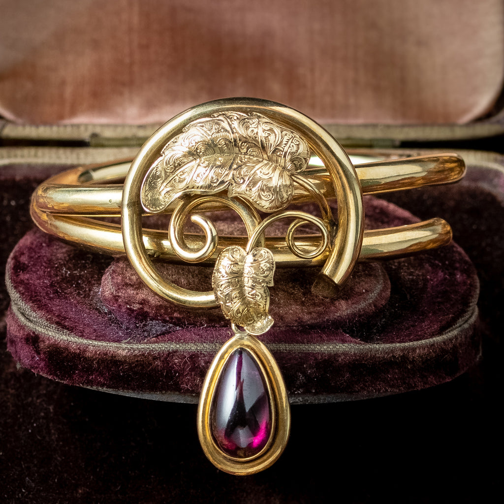 Antique Victorian Bangle 18ct Gold With Garnet Locket Dropper