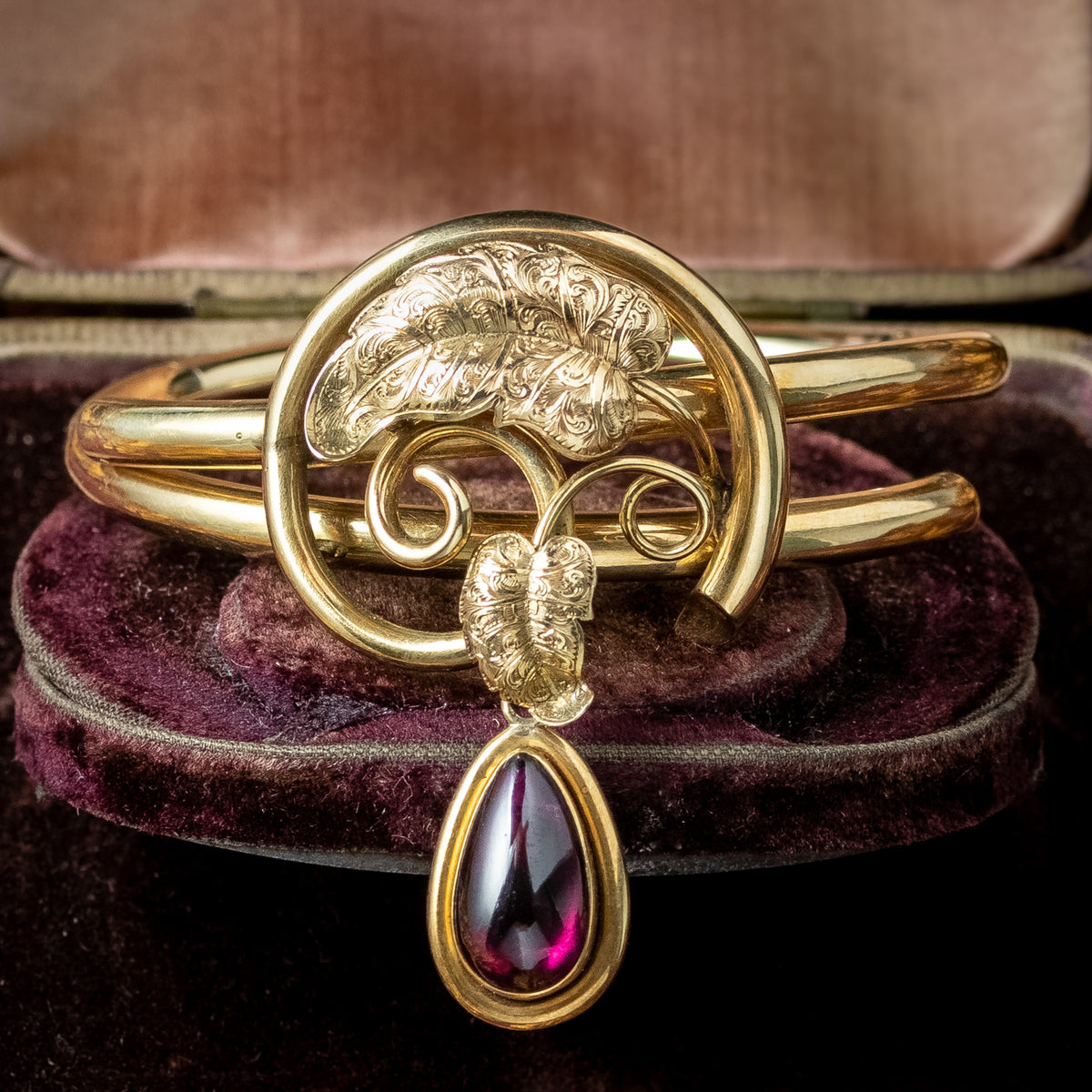 Antique Victorian Bangle 18ct Gold With Garnet Locket Dropper