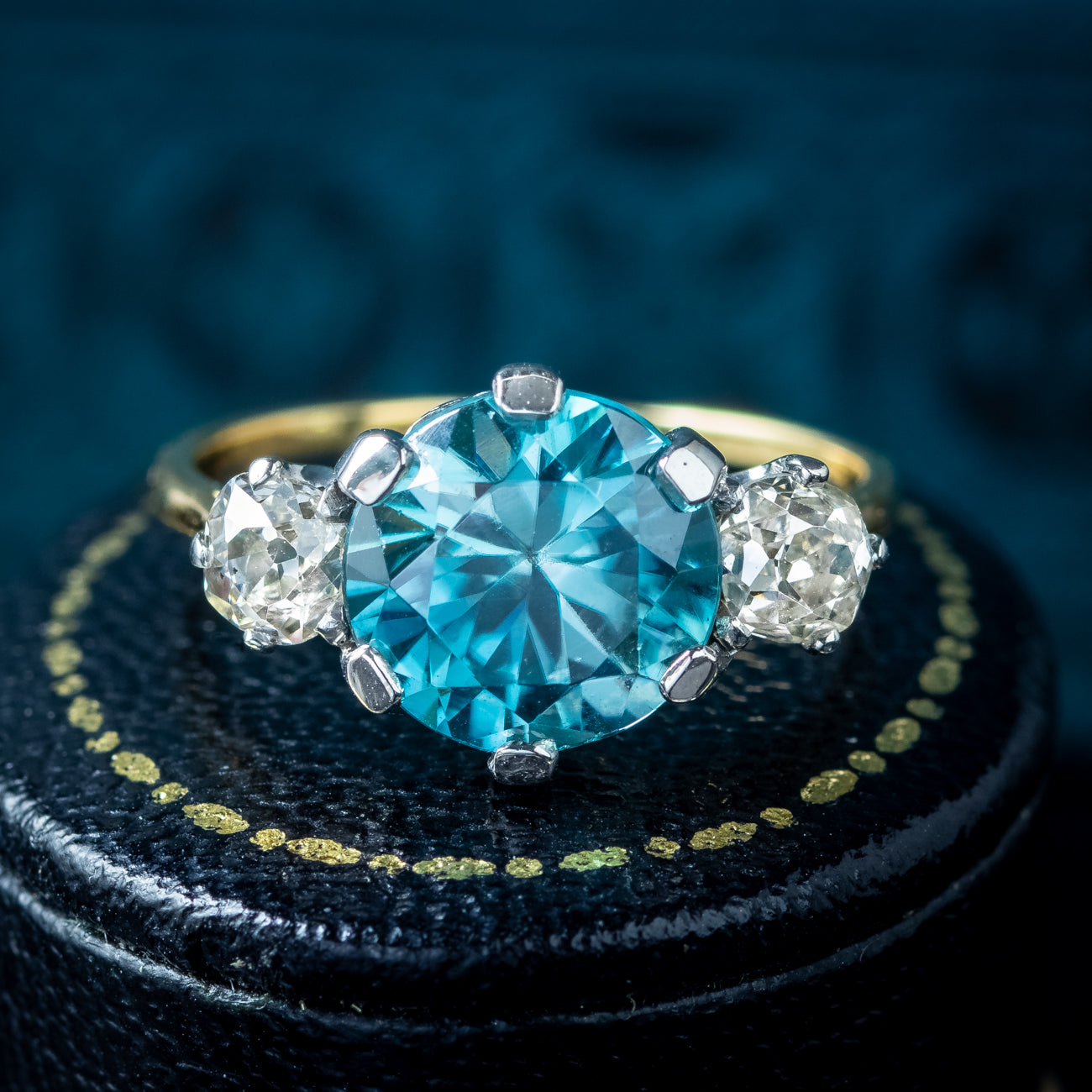 Antique Edwardian Blue Zircon Diamond Trilogy Ring 3ct Zircon Secondary image