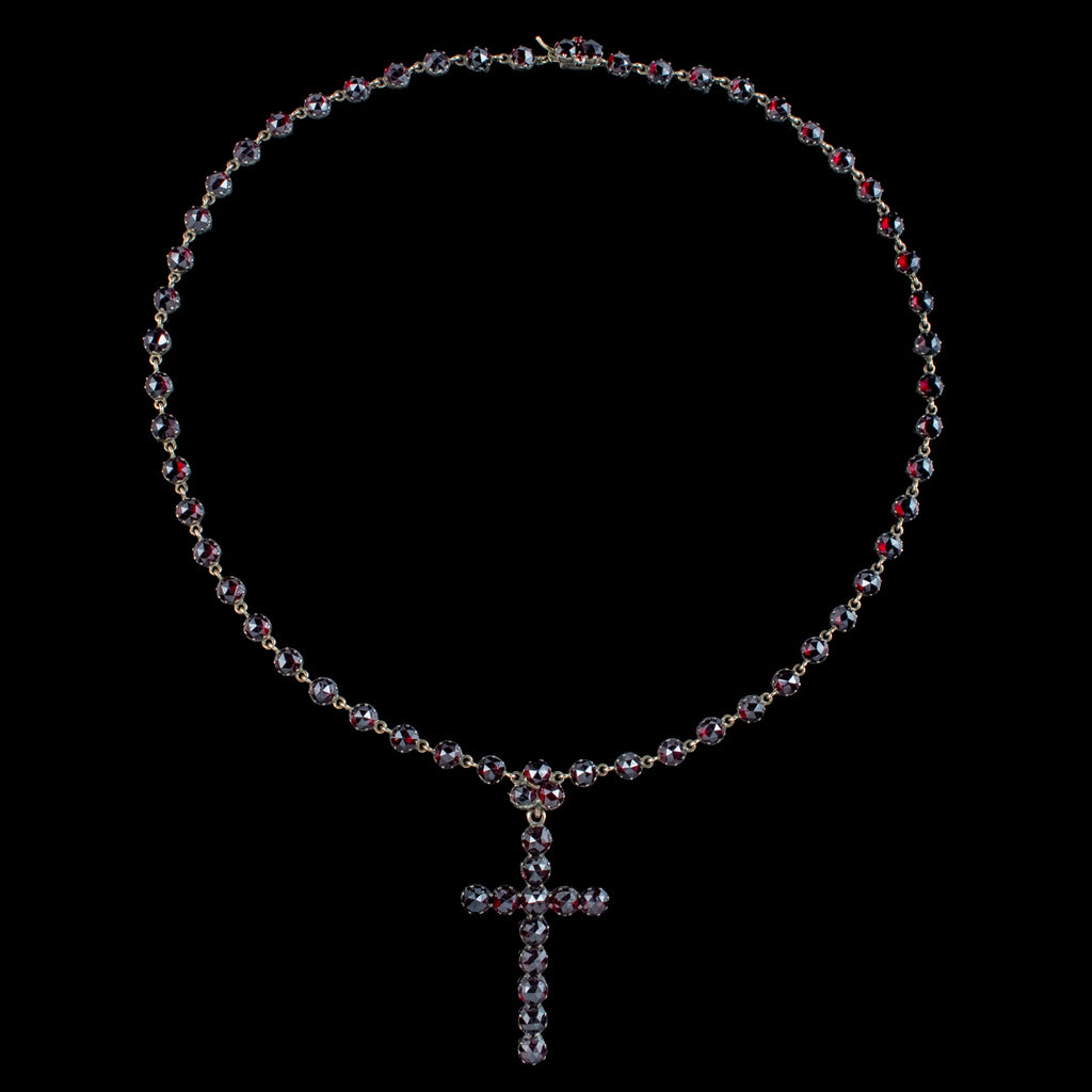 Antique Victorian Bohemian Garnet Cross Necklace 18ct Gold With Box