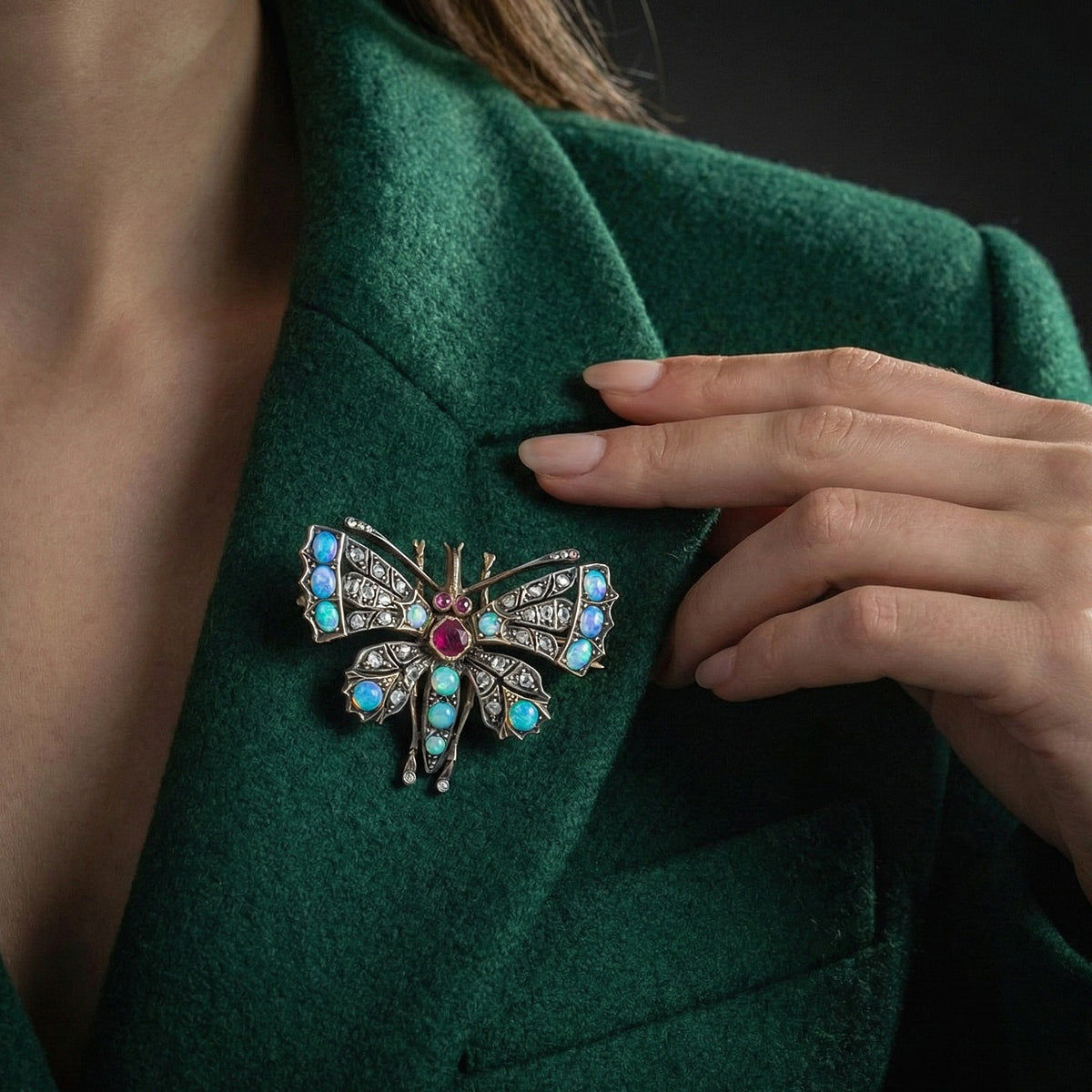 Antique Victorian Butterfly Brooch Diamond Opal Ruby