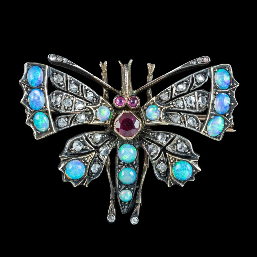 Antique Victorian Butterfly Brooch Diamond Opal Ruby