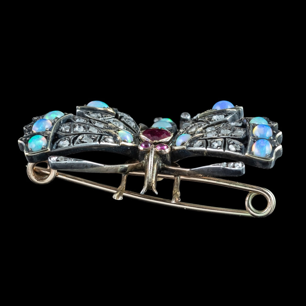 Antique Victorian Butterfly Brooch Diamond Opal Ruby