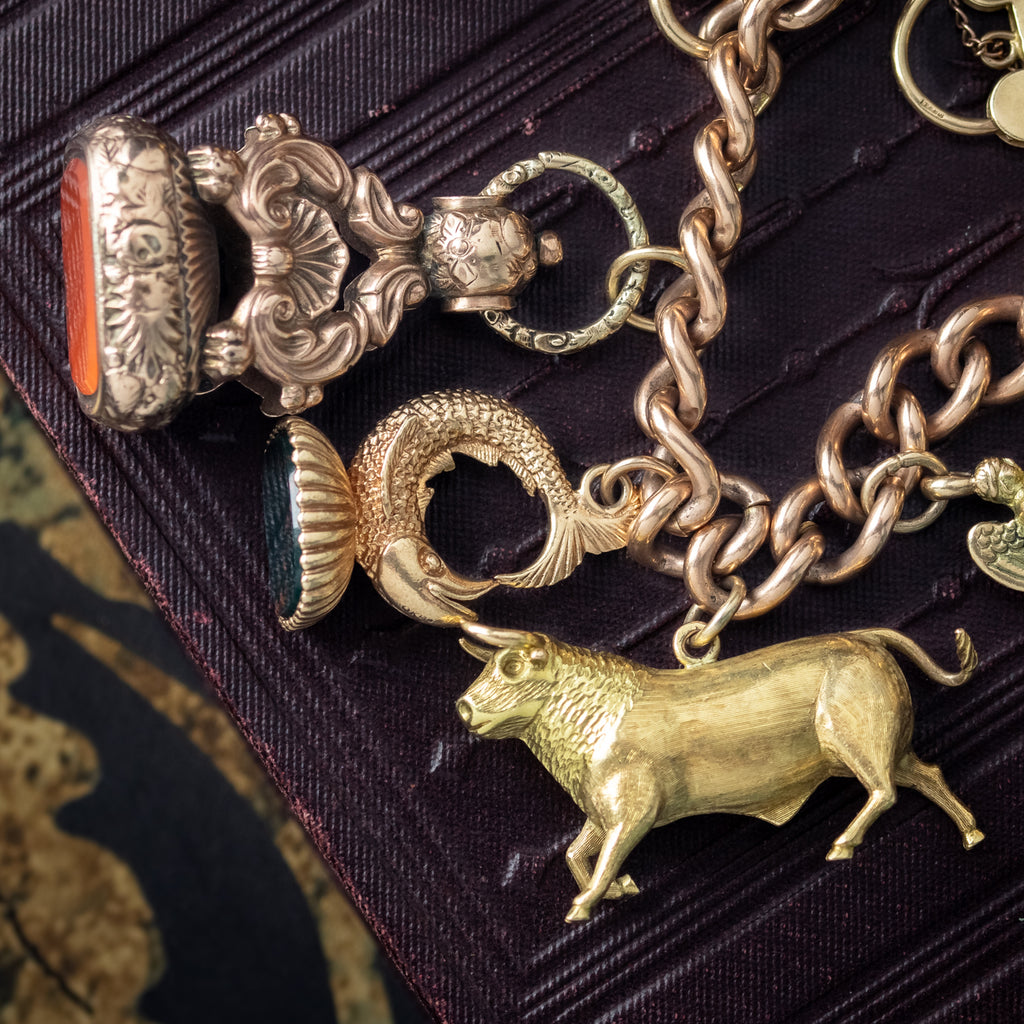 Antique Victorian Charm Bracelet With 12 Charms And Fobs 