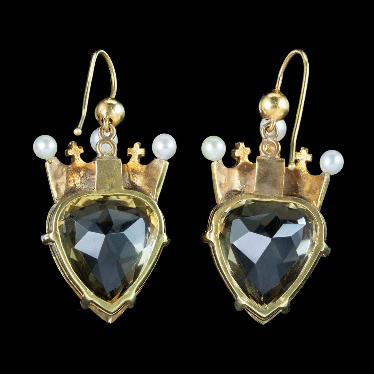 Antique Victorian Citrine Heart Pearl Crown Earrings 15ct Gold