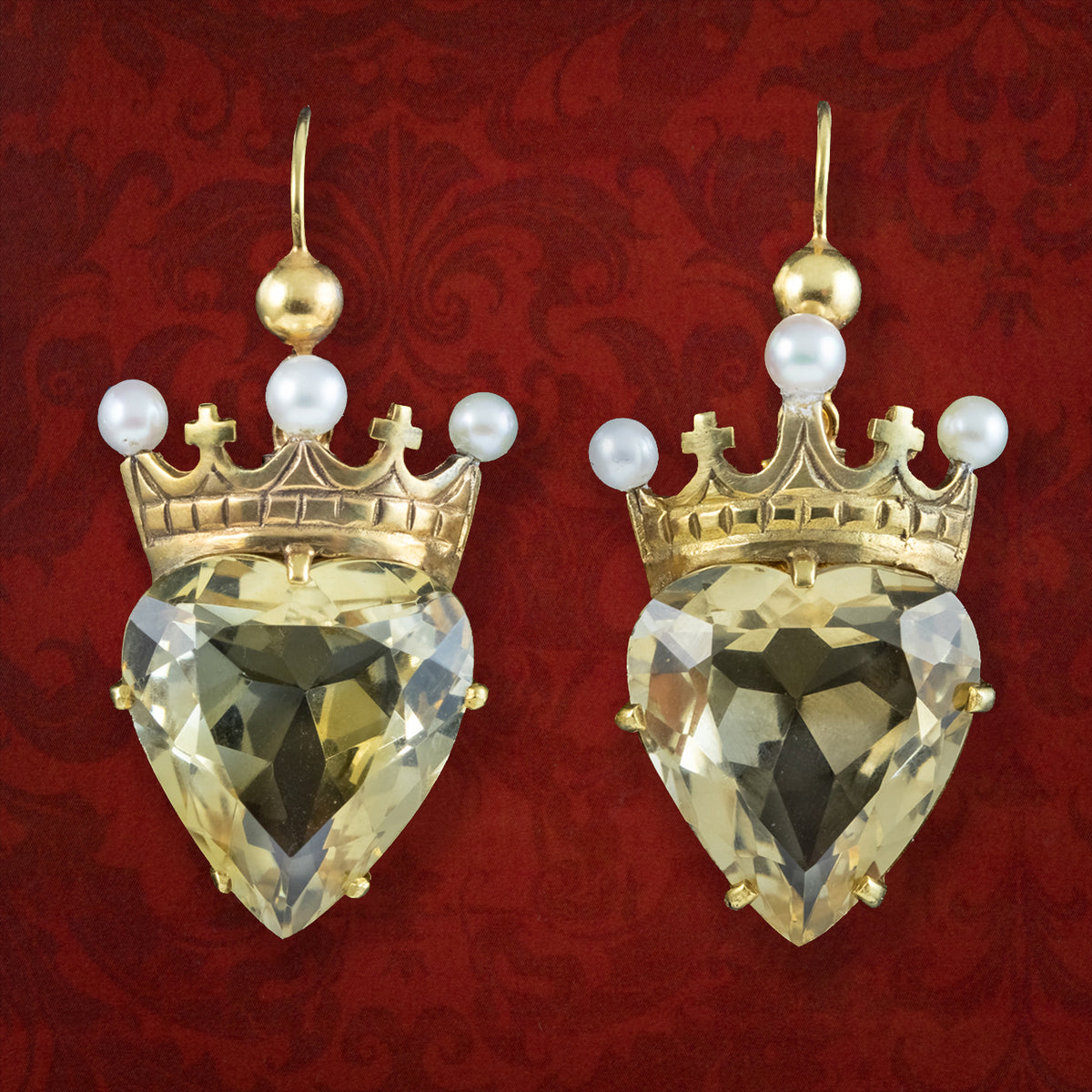Antique Victorian Citrine Heart Pearl Crown Earrings 15ct Gold Main image