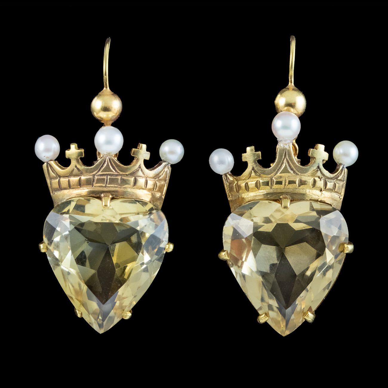 Antique Victorian Citrine Heart Pearl Crown Earrings 15ct Gold Secondary image