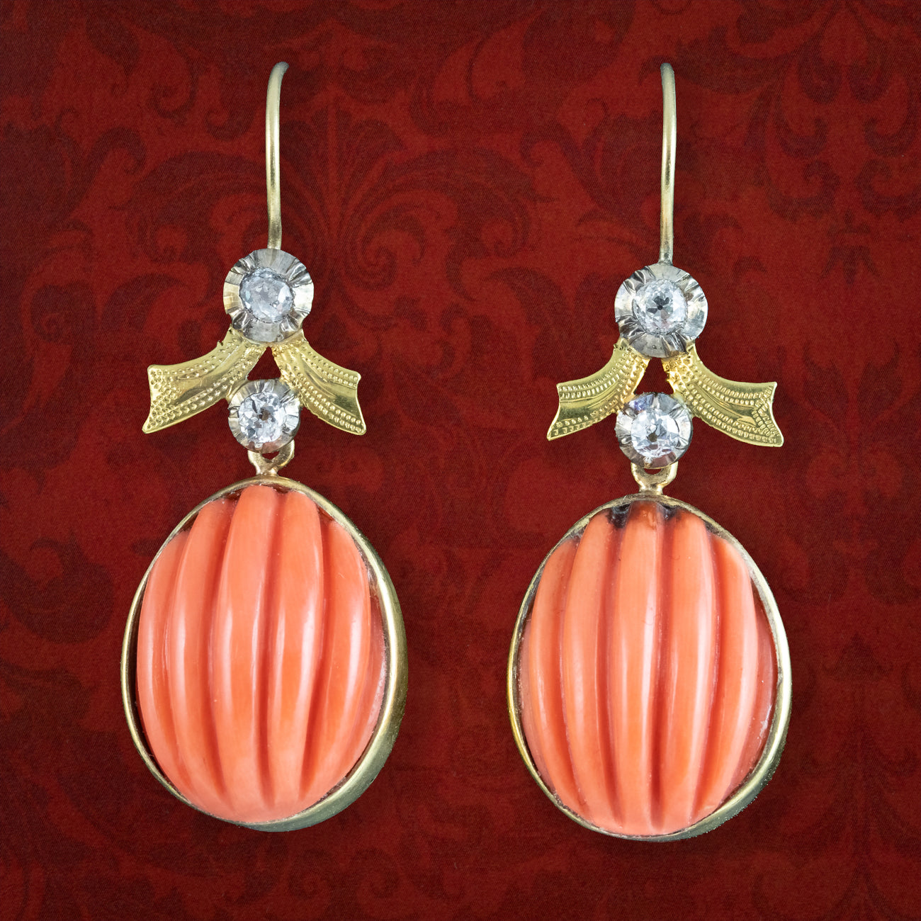 Antique Victorian Coral Diamond Drop Earrings 18ct Gold Main image