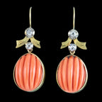 Antique Victorian Coral Diamond Drop Earrings 18ct Gold