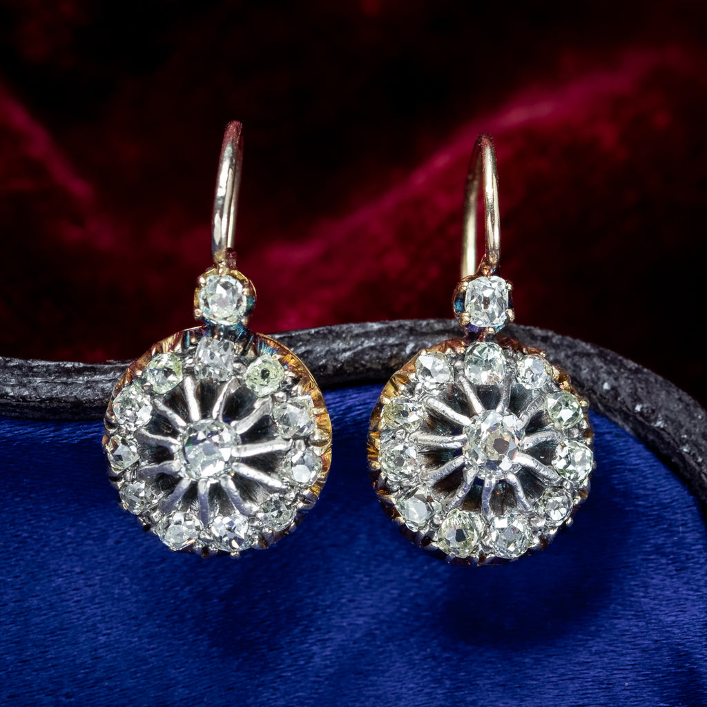 Antique Victorian Diamond Cluster Earrings Silver 15ct Gold 1.2ct Total