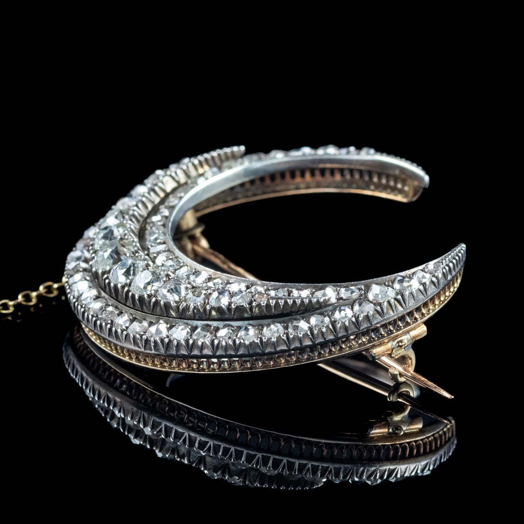 Antique Victorian Diamond Crescent Moon Brooch 3.5ct Total