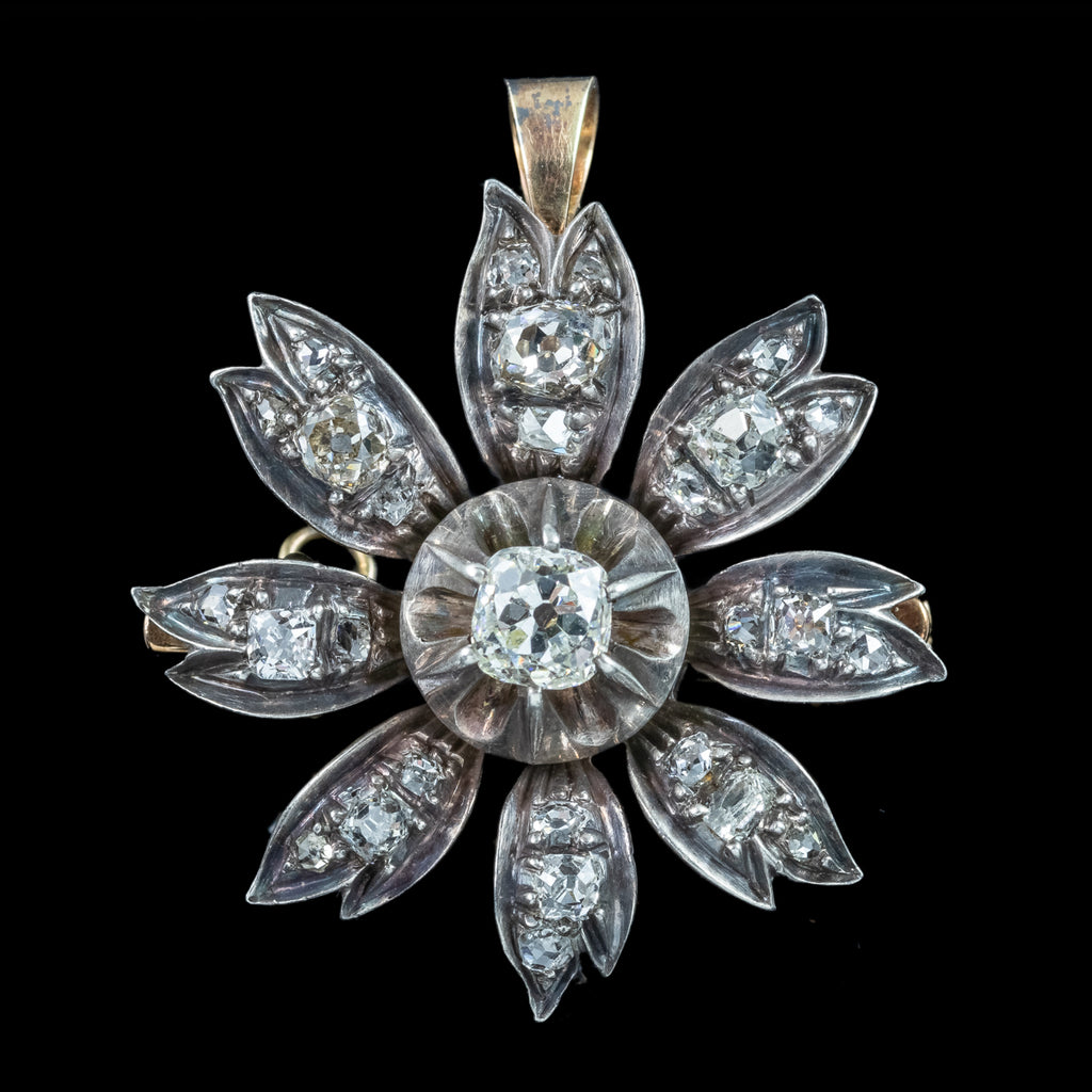 Antique Victorian Diamond Flower Pendant Brooch 1.9ct Total