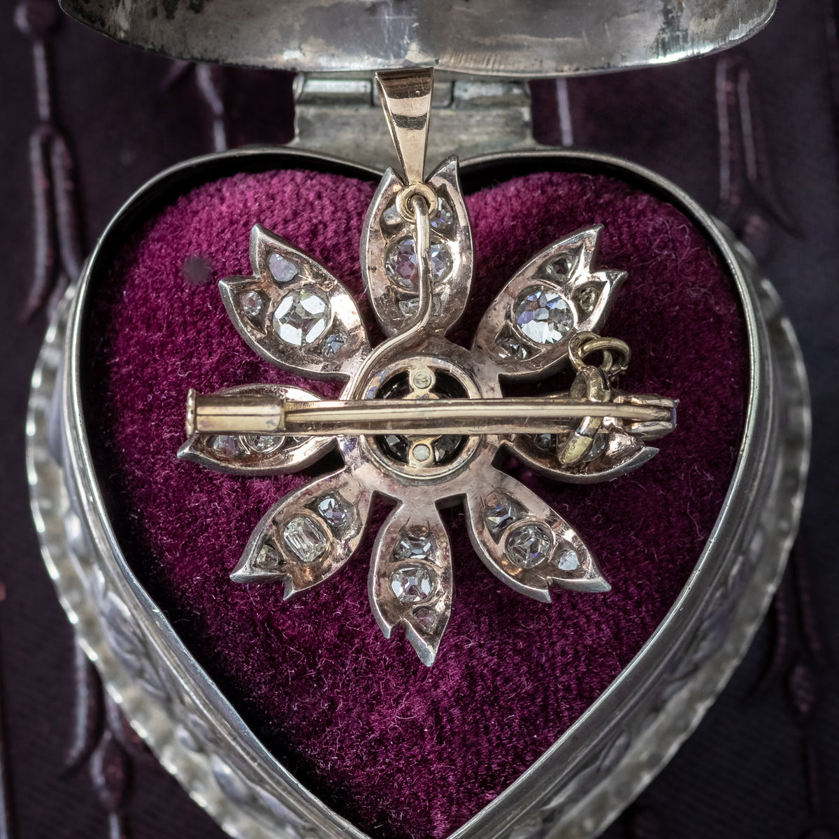 Antique Victorian Diamond Flower Pendant Brooch 1.9ct Total