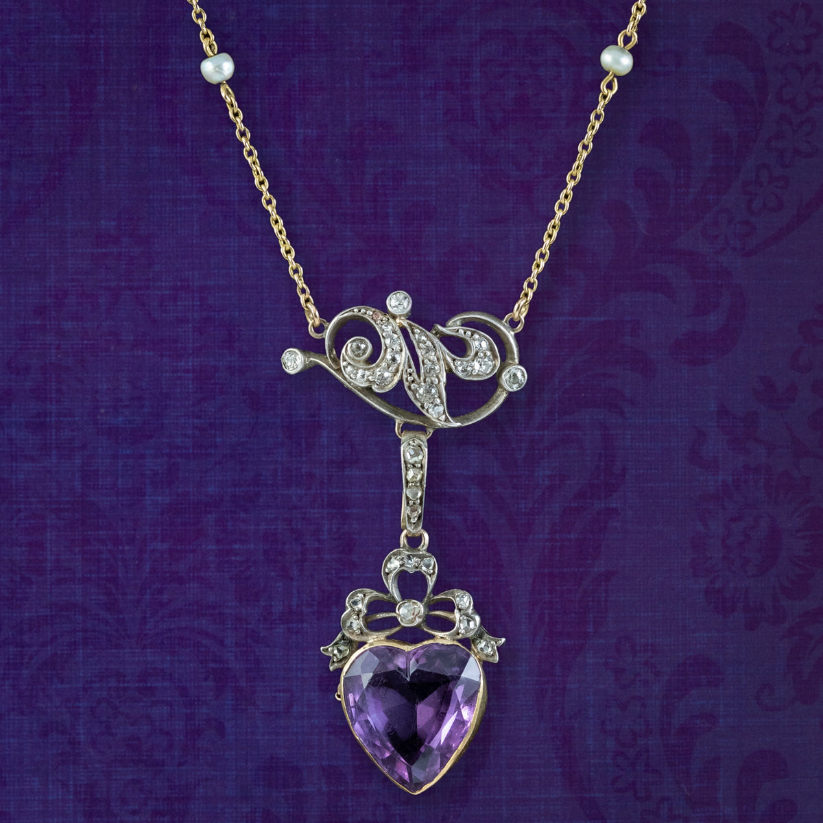 Antique Victorian Diamond Pearl Amethyst Heart Pendant Necklace  Main image