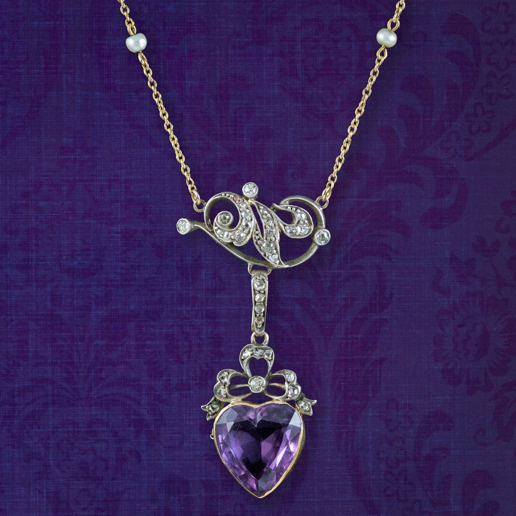 Antique Victorian Diamond Pearl Amethyst Heart Pendant Necklace 