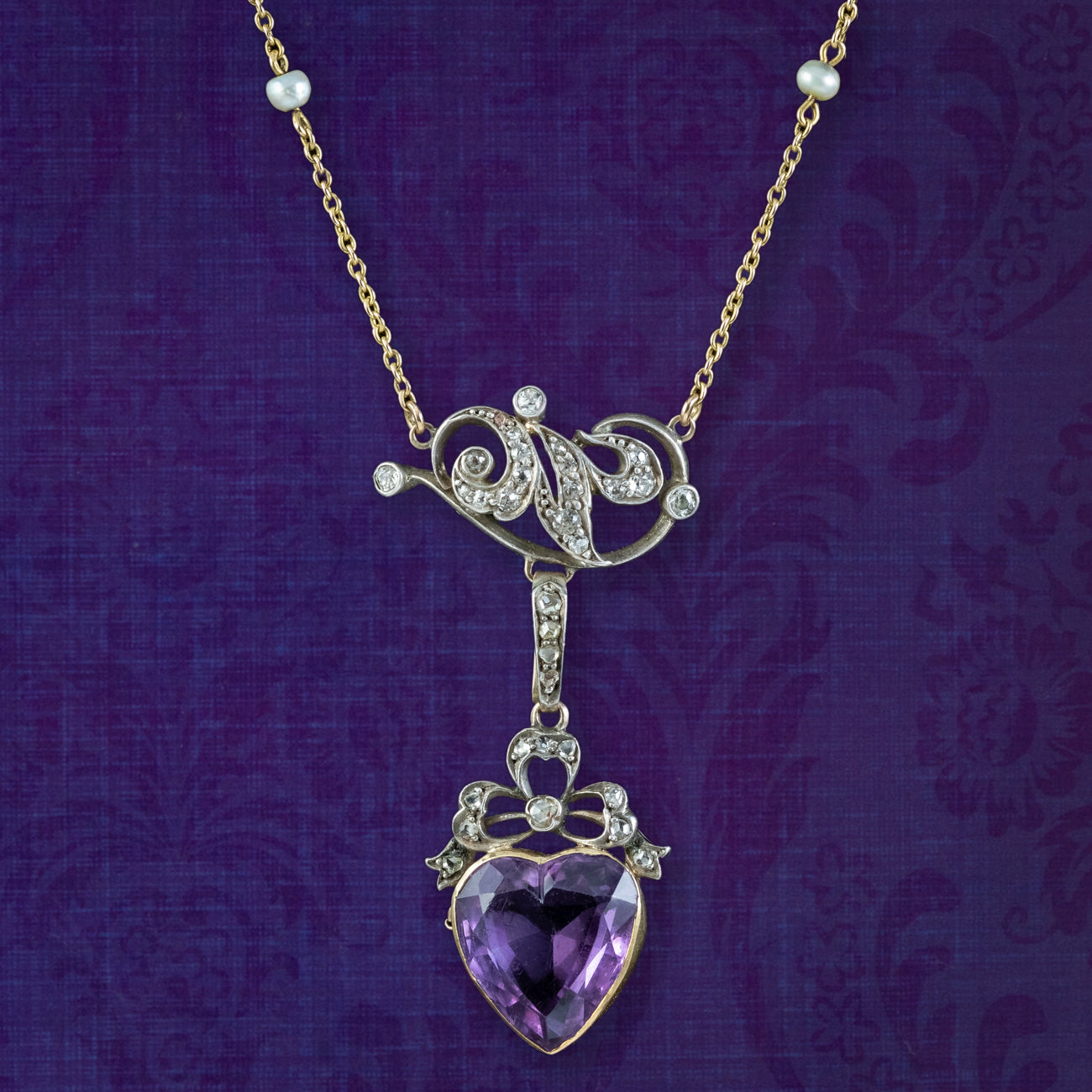Antique Victorian Diamond Pearl Amethyst Heart Pendant Necklace 