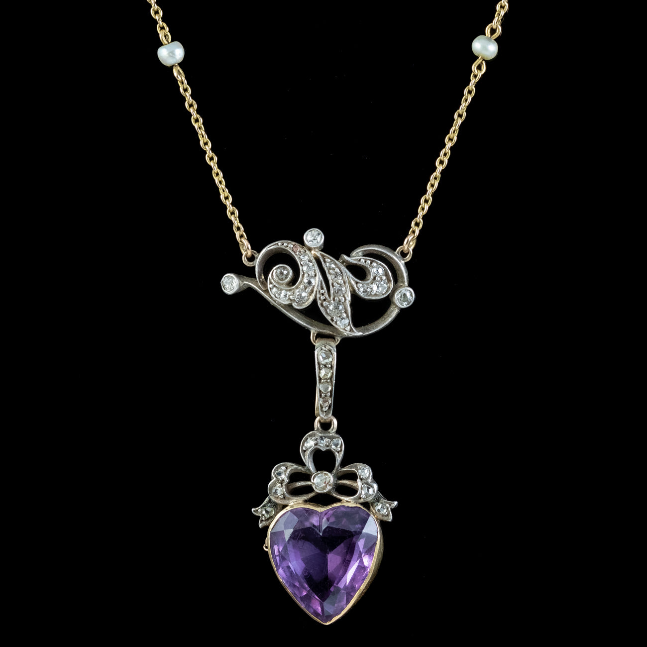 Antique Victorian Diamond Pearl Amethyst Heart Pendant Necklace Secondary image