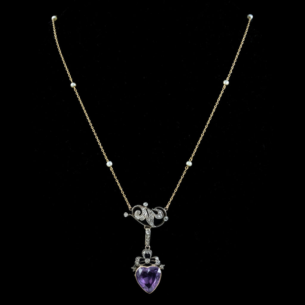 Antique Victorian Diamond Pearl Amethyst Heart Pendant Necklace 