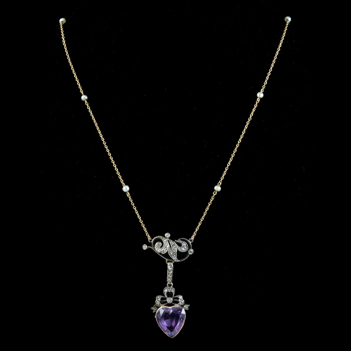 Antique Victorian Diamond Pearl Amethyst Heart Pendant Necklace 