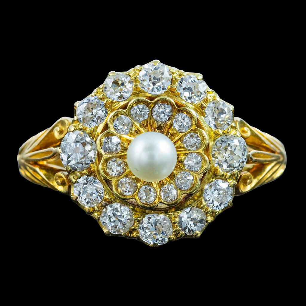 Antique Victorian Diamond Pearl Cluster Ring 1.2ct Diamond Total