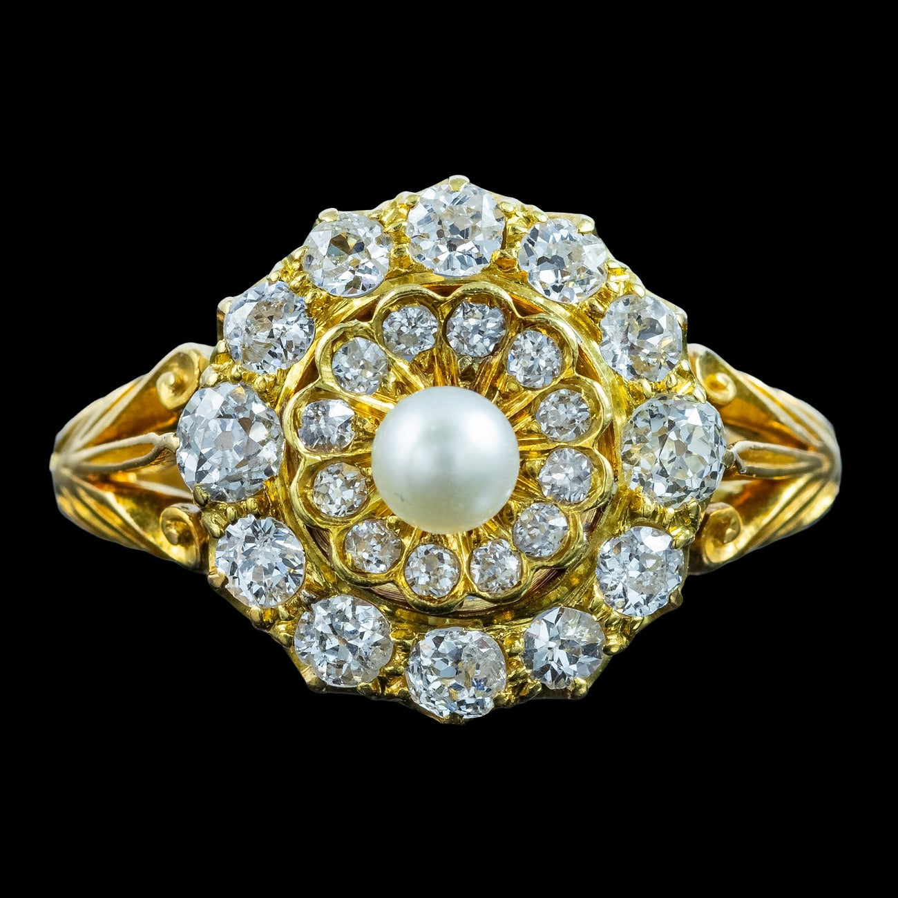 Antique Victorian Diamond Pearl Cluster Ring 1.2ct Diamond Total