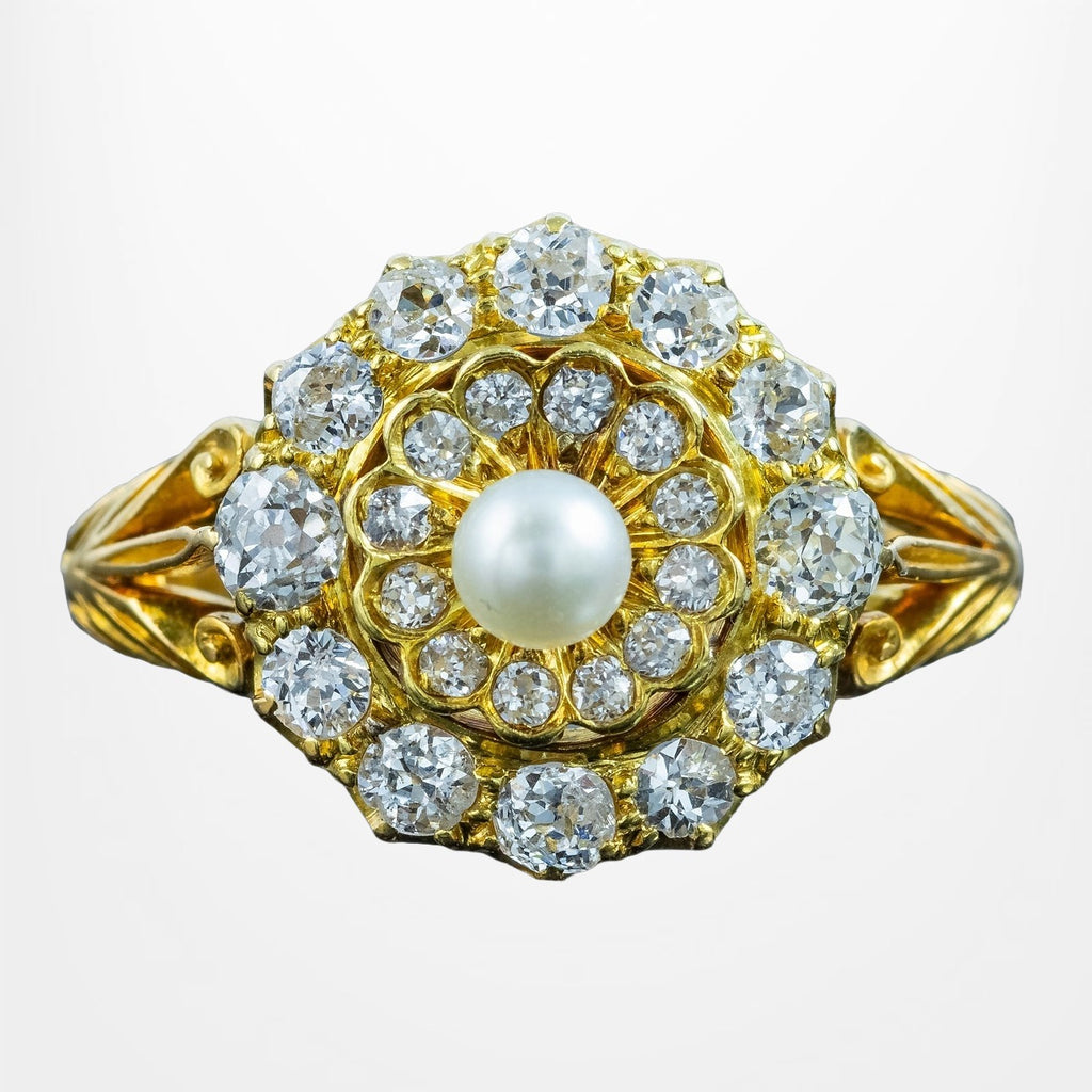 Antique Victorian Diamond Pearl Cluster Ring 1.2ct Diamond Total