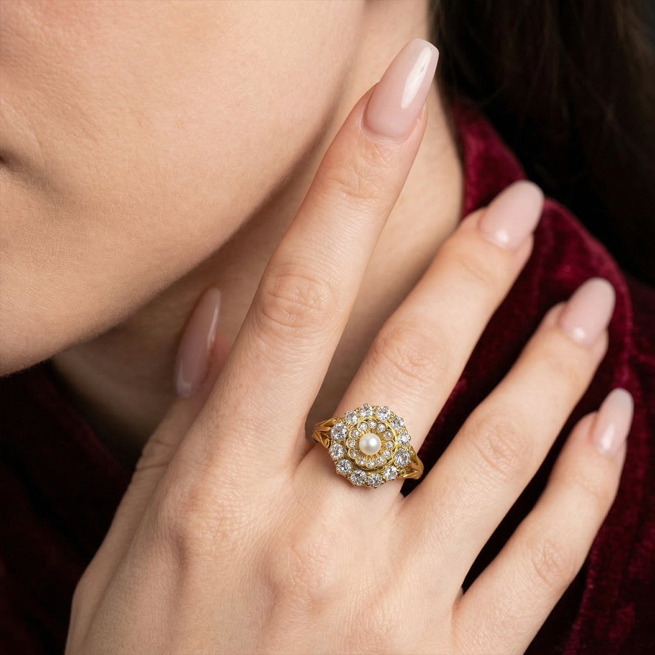 Antique Victorian Diamond Pearl Cluster Ring 1.2ct Diamond Total