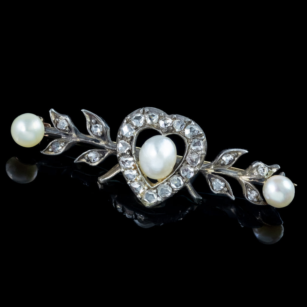 Antique Victorian Diamond Pearl Heart Bar Brooch Silver 18ct Gold