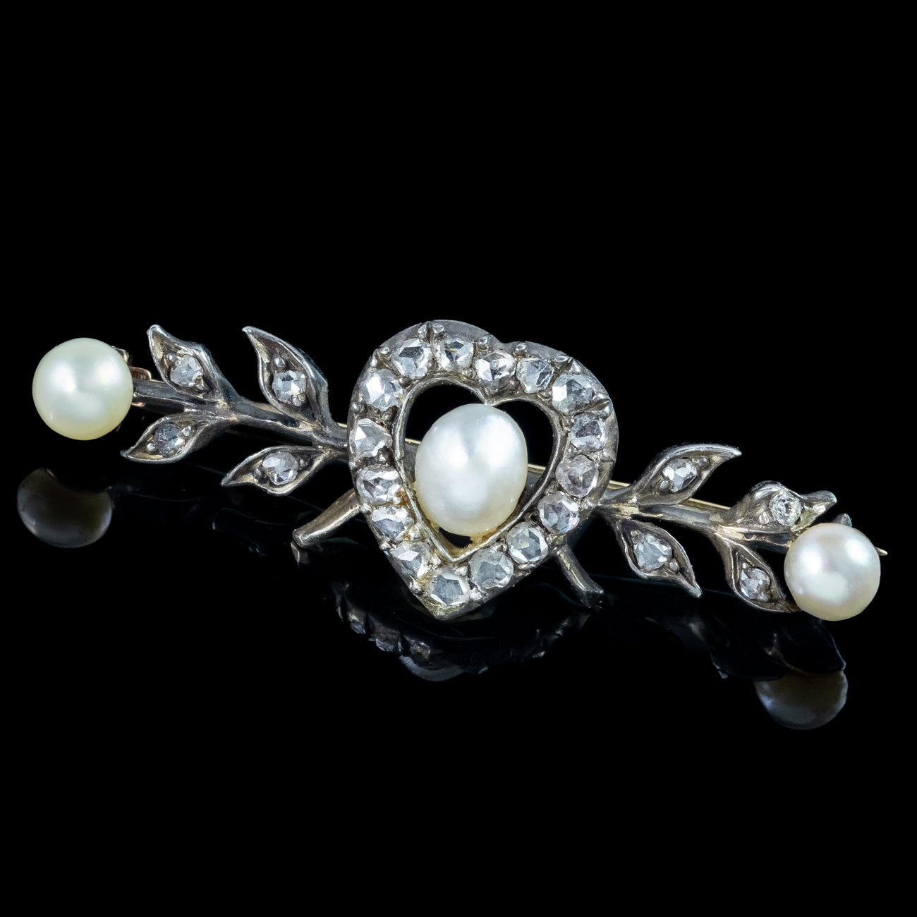 Antique Victorian Diamond Pearl Heart Bar Brooch Silver 18ct Gold