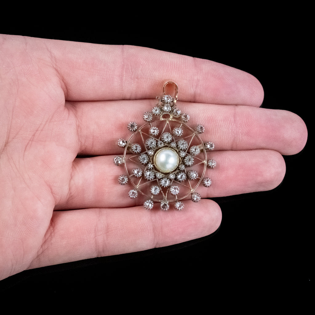 Antique Victorian French Diamond Pearl Star Pendant 1.5ct Of Diamond