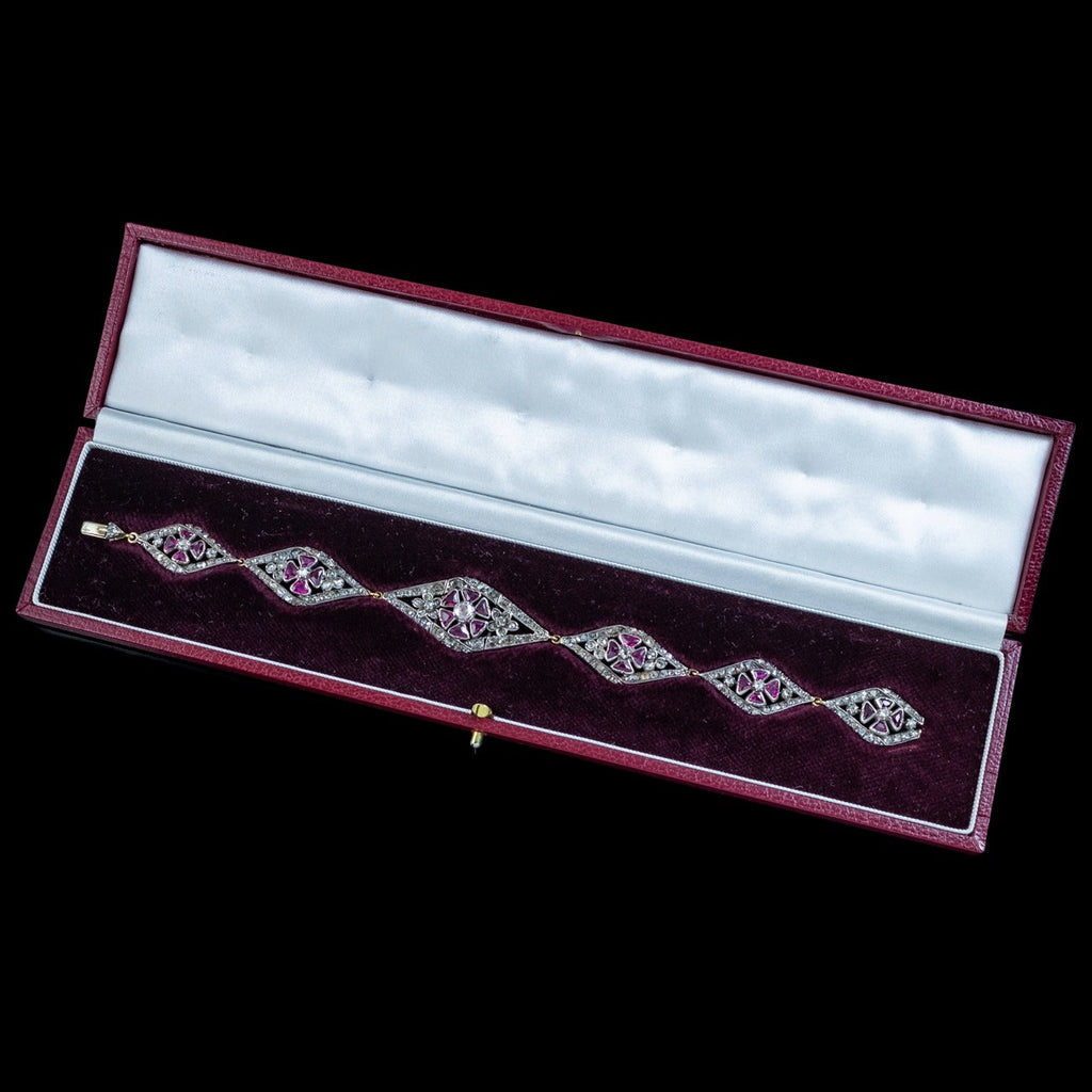 Antique Victorian Diamond Ruby Bracelet Silver Gold With Box 