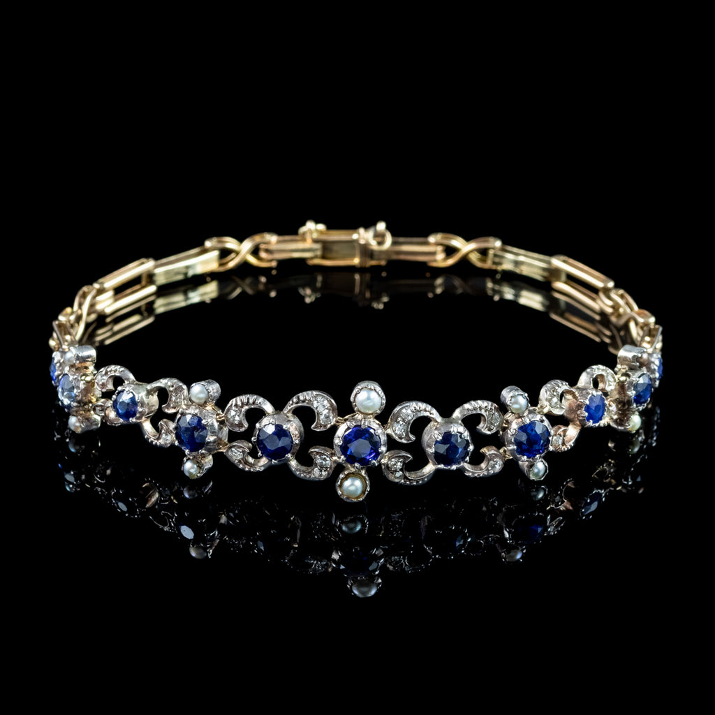 Antique Victorian Diamond Sapphire Pearl Bracelet Silver 18ct Gold