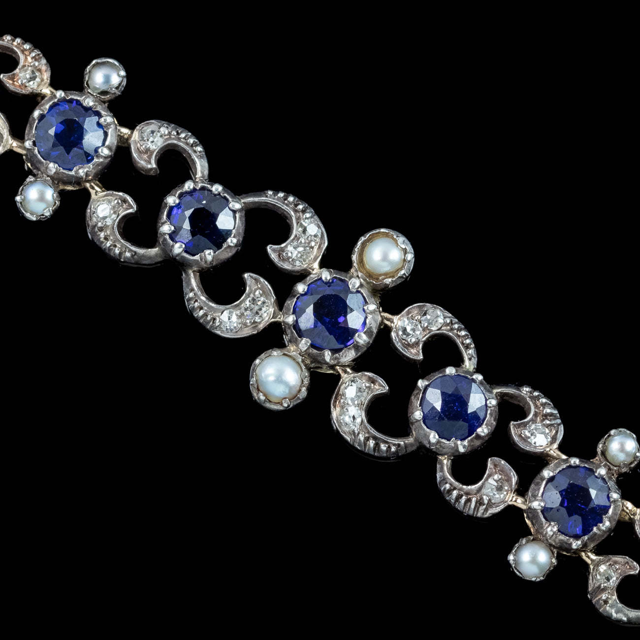 Antique Victorian Diamond Sapphire Pearl Bracelet Silver 18ct Gold