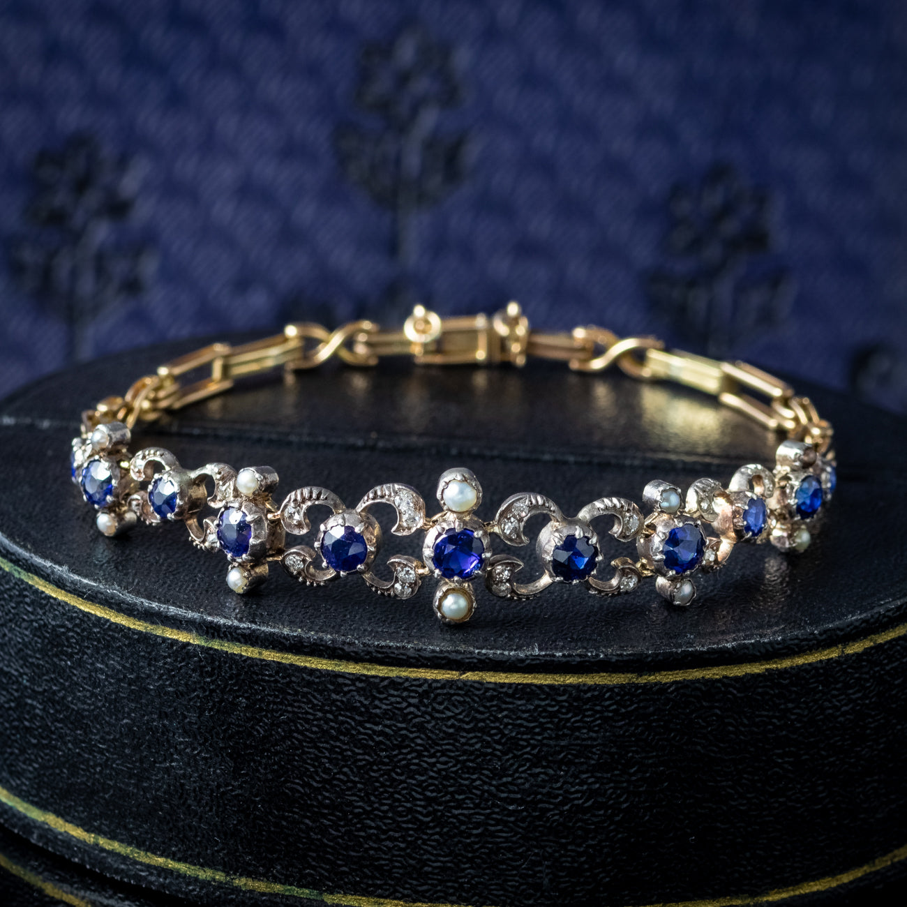 Antique Victorian Diamond Sapphire Pearl Bracelet Silver 18ct Gold