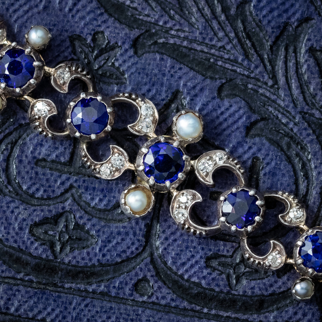 Antique Victorian Diamond Sapphire Pearl Bracelet Silver 18ct Gold