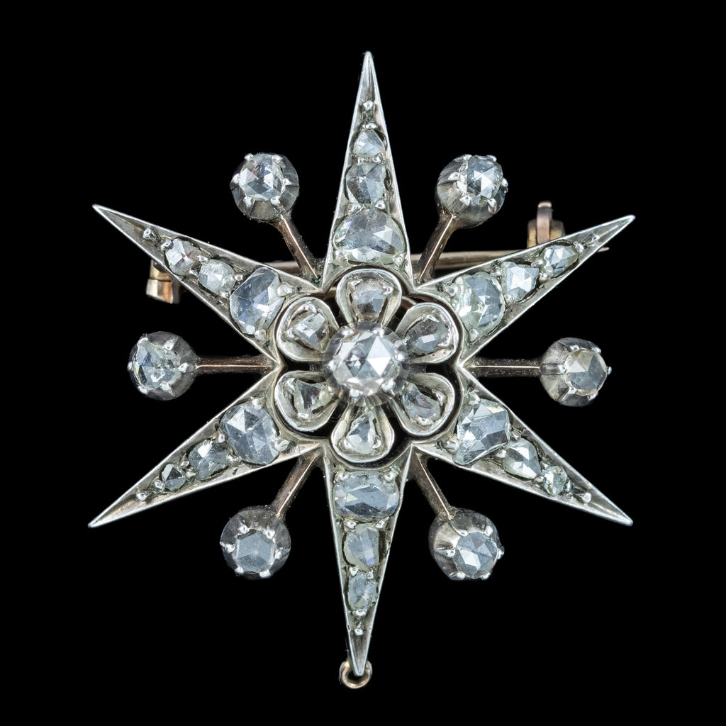 Antique Victorian Diamond Star Brooch Silver 15ct Gold