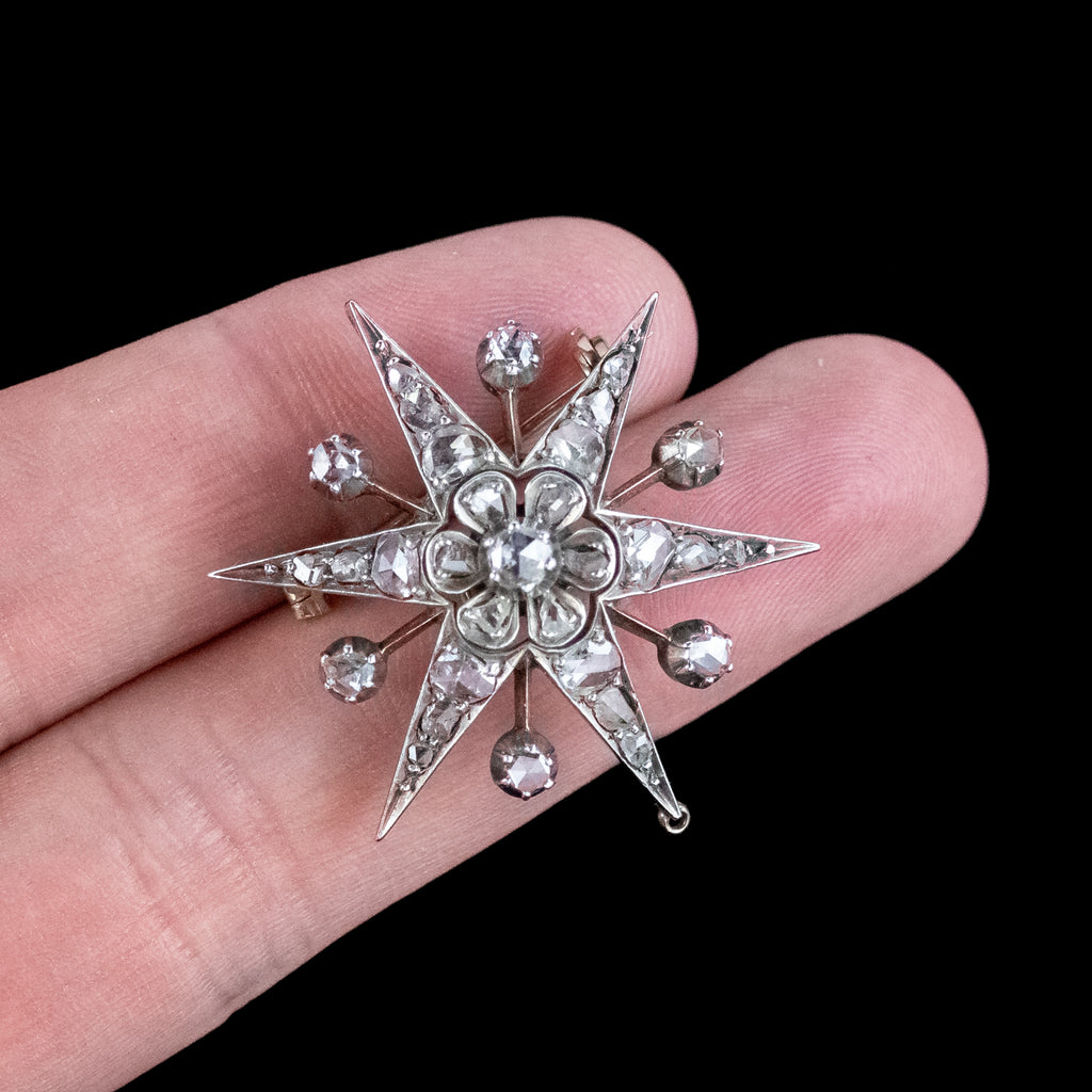 Antique Victorian Diamond Star Brooch Silver 15ct Gold