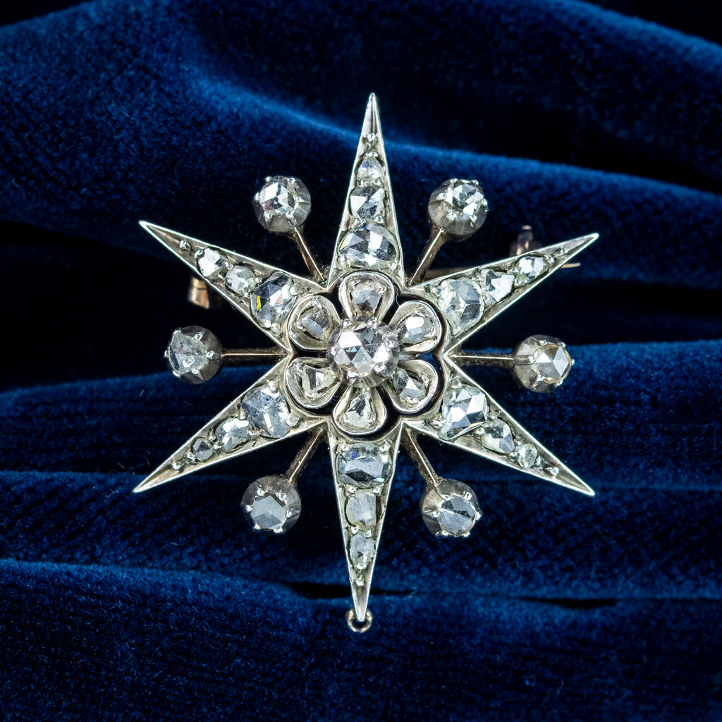 Antique Victorian Diamond Star Brooch Silver 15ct Gold