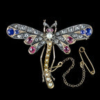 Antique Victorian Dragonfly Brooch Diamond Sapphire Ruby Pearl 